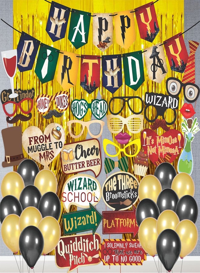 WOBBOX Happy Birthday Combo Harry Potter Theme Party Props 29 Pcs with Colourful Harry Potter Theme Bunting Banner & Balloons & Foil Curtain, Birthday Decoration Item